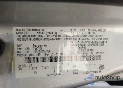 2014 Ford Focus Se из США, поврежденный, VIN 1FADP3F20EL402815